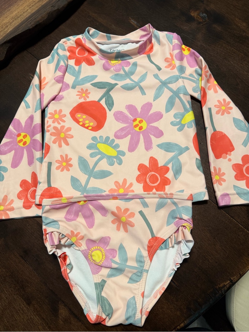 Carter's Pastel Floral Long-Sleeve Rashguard Swimsuit- Pink, Coral, Lavender.